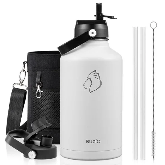 Buzio Duet Series Water Bottle with 2 Lids and Sleeve 1.9L - White